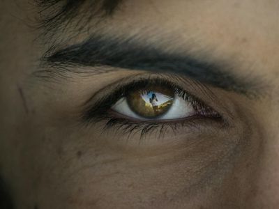 Close-up of a person's eye reflecting a natural landscape.